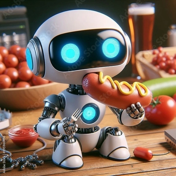 Obraz Ai robot eating a sausage 