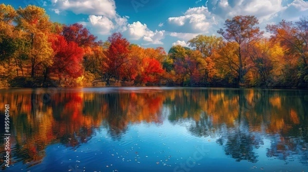 Fototapeta A scenic view of a tranquil lake surrounded by trees displaying their vibrant fall colors, with the rich hues of the leaves mirrored in the calm water