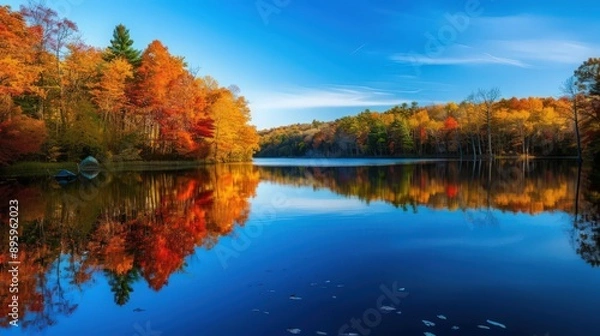 Fototapeta A scenic view of a tranquil lake surrounded by trees displaying their vibrant fall colors, with the rich hues of the leaves mirrored in the calm water