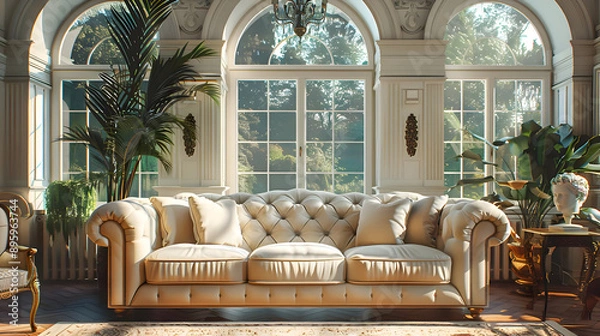 Obraz Elegant White Sofa in Classic Interior with Arched Windows