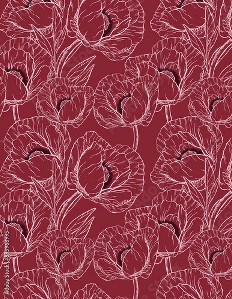 Obraz Vector seamless pattern of many big linear poppies on dark red background. Elegant linear hand drawn flower. Ink contour plant print. Huge open buds. Luxury retro art for fashion cloth design layout