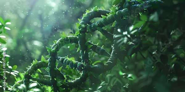 Fototapeta "Nature's DNA: Spiraling Green Vine in Lush Forest, Botanical Genetics: Intricate Plant DNA Structure in Natural Habitat"