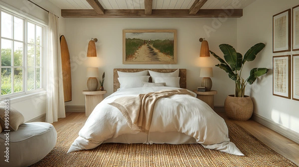 Fototapeta hero shot interior design photography, modern American coastal country style bedroom photo for Pottery Barn, bright, warm and airy image, Iconic Works of Design, neutral colors, balance and symmetry, 