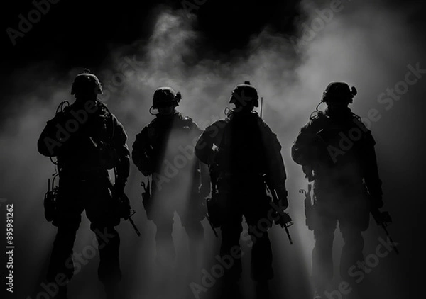 Fototapeta A group of special forces soldiers dressed in black, silhouetted against a smoky background, creating a dramatic and intense scene