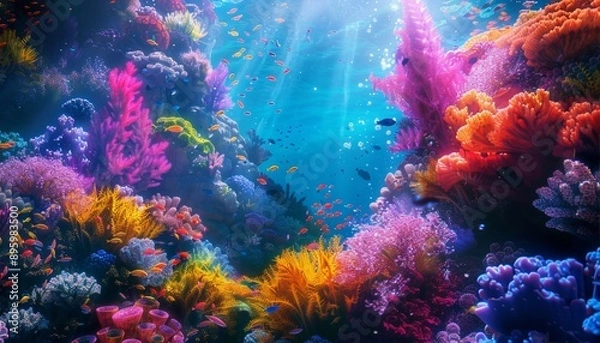 Fototapeta Underwater Dreamscape: Explosion of Color Among Corals and Marine Life, Vibrant and Enchanting
