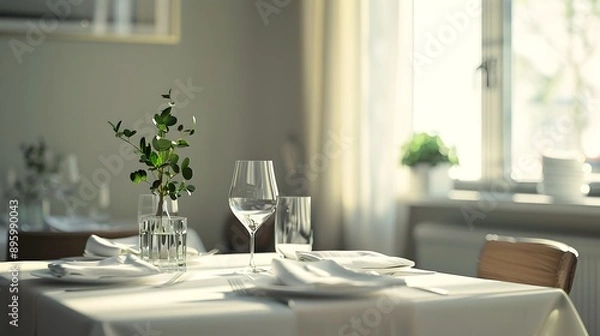 Fototapeta Minimalist Dining Setup with Elegant Tableware and Serene Ambiance