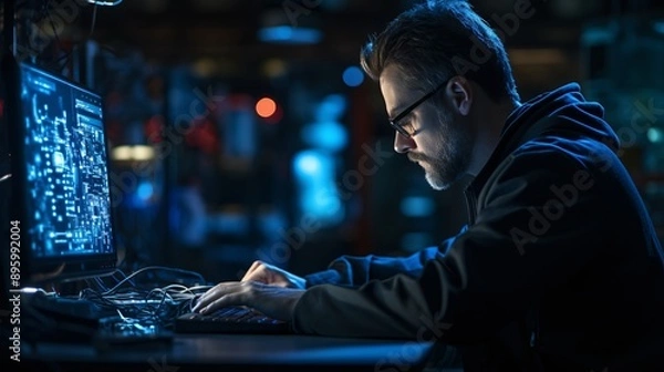 Fototapeta Security engineer checking firewall settings on a laptop