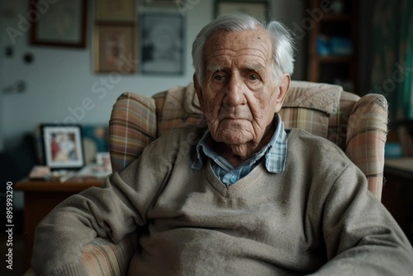 Fototapeta An elderly man sits in a cozy home setting, calmly looking ahead with a mix of wisdom and quiet determination. The room's vintage charm adds depth to his composed demeanor.