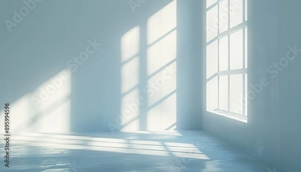 Fototapeta Empty Room with White Wall, Sunlight Casting Shadows through Window, Space Concept, Banner with Copy Space