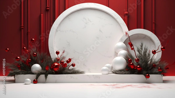 Fototapeta 3D scene white podium and white ball with red background.