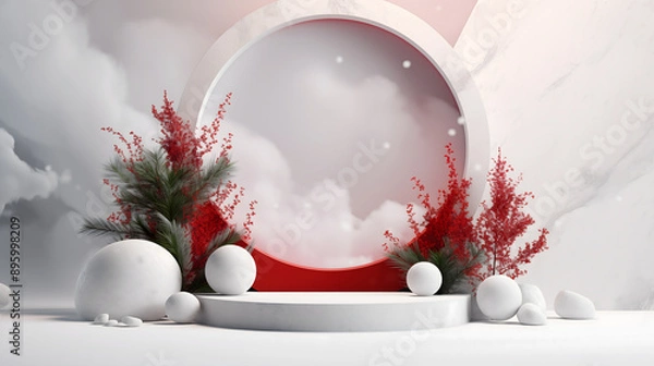 Fototapeta 3D scene white podium and white ball with red background.