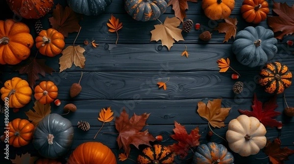 Fototapeta Creative autumn Halloween layout with various leaves and pumkins on dark wooden backgound. Flat lay.