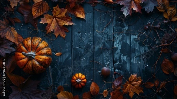 Fototapeta Creative autumn Halloween layout with various leaves and pumkins on dark wooden backgound. Flat lay.