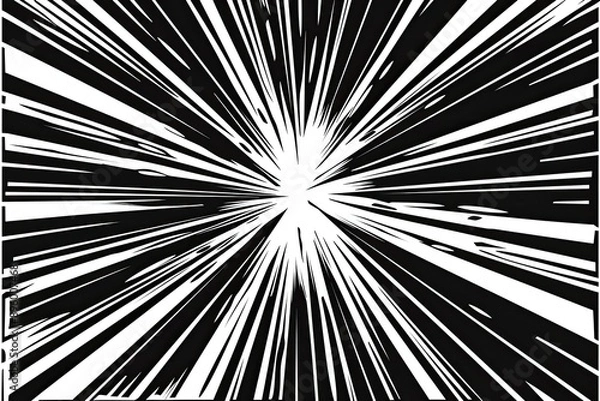 Fototapeta Comic Book Burst Effect, striking black and white design, dynamic lines radiating outward, perfect for emphasizing action or dramatic moments in visual storytelling