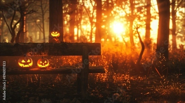Fototapeta Spooky evil glowing eyes of Jack O' Lanterns at sunset on the left of a wooden bench on halloween night.