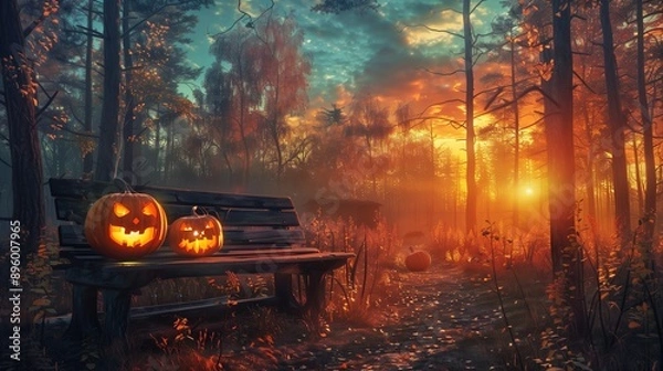 Fototapeta Spooky evil glowing eyes of Jack O' Lanterns at sunset on the left of a wooden bench on halloween night.