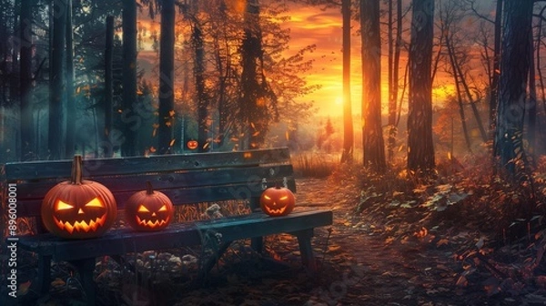 Fototapeta Spooky evil glowing eyes of Jack O' Lanterns at sunset on the left of a wooden bench on halloween night.