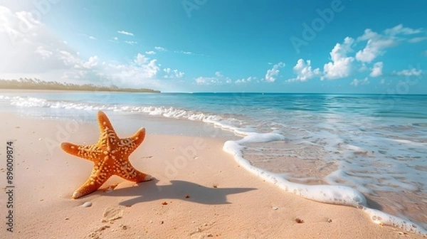 Fototapeta A Serene Beach Scene with a Starfish at the Water's Edge