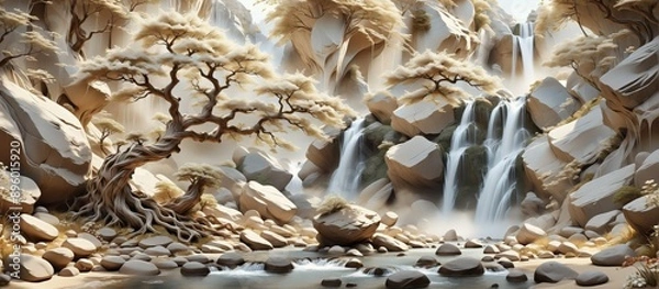 Fototapeta 3D rendering beautiful landscape waterfall cascading down rocky