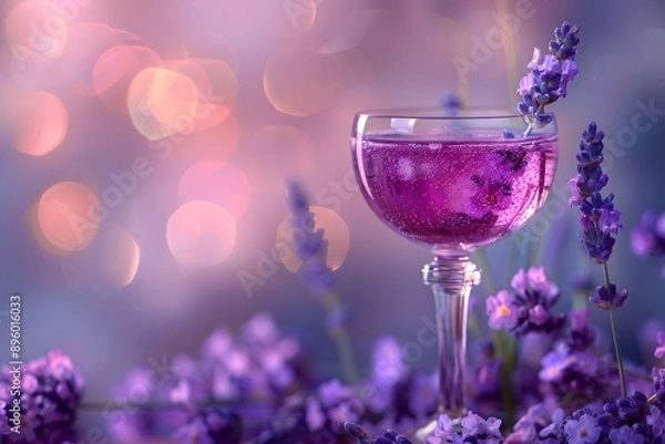 Fototapeta Refreshing Lavender Drink Surrounded by Blossoms and Soft Bokeh Lights