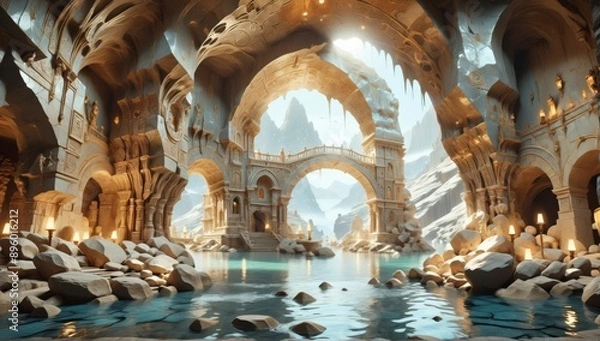 Fototapeta Ancient stone archway cave is made large irregularly shaped ston