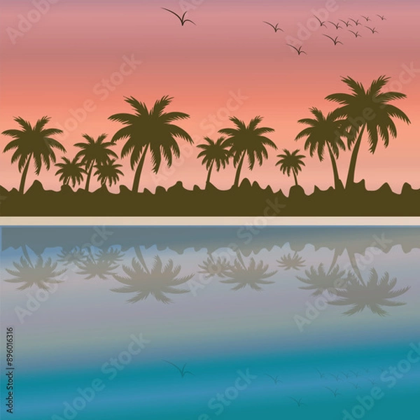 Fototapeta A beautiful sunset over the ocean with a palm tree.