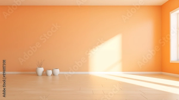 Fototapeta 3d interior scene and abstract vase with orange background and sunlight in the minimal style