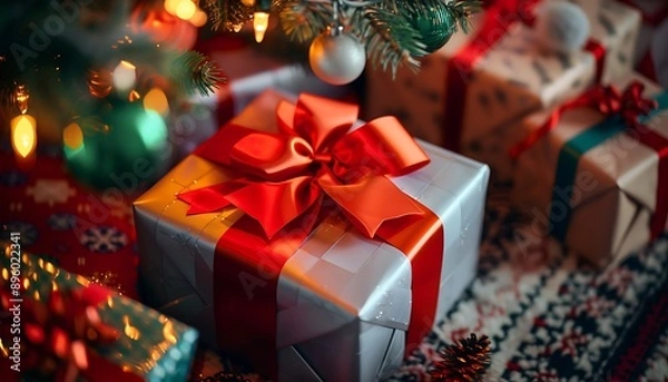 Fototapeta Beautifully wrapped Christmas gift with red bow under brightly lit tree surrounded by colorful presents
