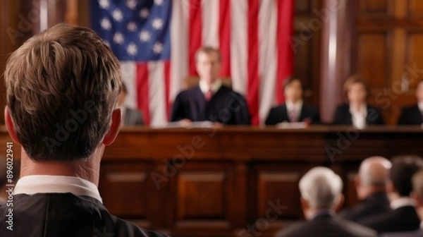 Fototapeta A courtroom scene with a bankruptcy judge and attorneys, with copy space, high-resolution photo, realistic photo, cinematography, hyper realistic