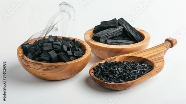 Fototapeta Three wooden bowls filled with different sizes of charcoal pieces. A plume of smoke rises from the bowl on the left