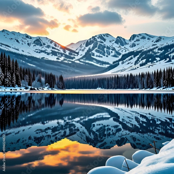 Fototapeta 거대한 산맥에 눈쌓인 산과 호수