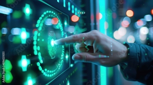 Fototapeta Futuristic Touch Interface, Hand interacting with digital screen, Technology Innovation.