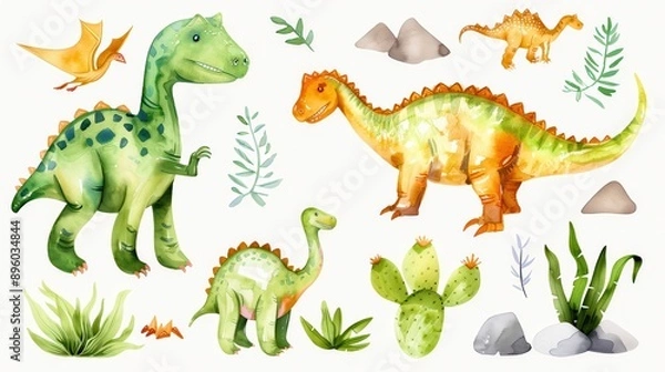Fototapeta Watercolor illustrations of cute dinosaurs such as T. rex, triceratops, brontosaurus and pterodactyl. Dinosaurs are drawn in bright, vibrant colors, surrounded by simple plant elements and rocks