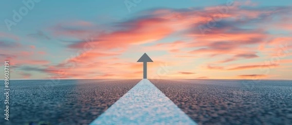 Fototapeta Path to the Unknown: Inspiring Road Scene with Arrow Pointing Towards Colorful Dusk Sky