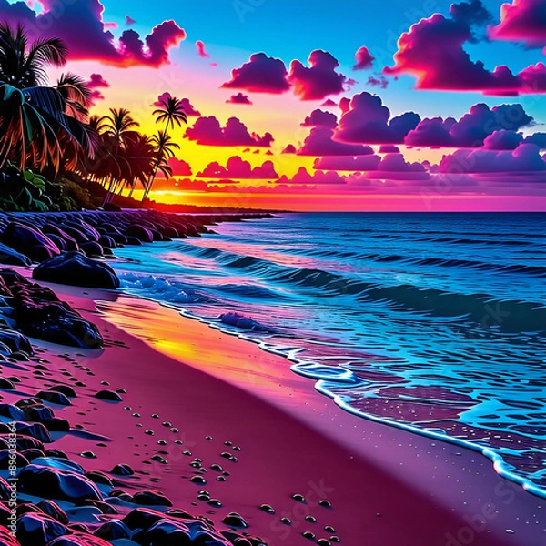 Fototapeta 노을이 지는 아름다운 해변의 전경