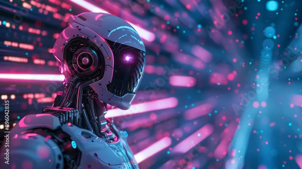 Fototapeta Humanoid AI artificial intelligence robot in an abstract digital environment, purple and blue neon colors background.  Concept of futuristic digital technologies. 
