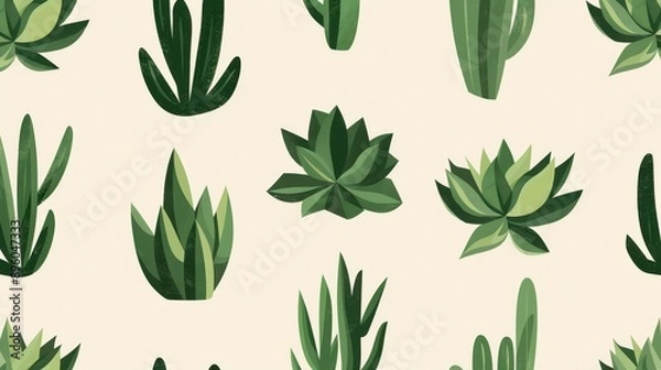 Fototapeta A minimal botany pattern, stylized succulents and cacti, evenly arranged on a light beige background