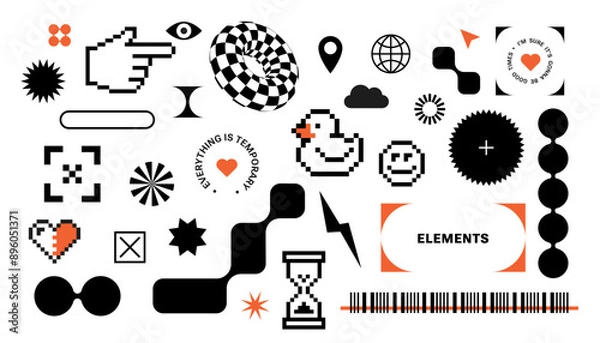 Fototapeta  Y2k retro futurism sticker pack. Pixel art. Swag Geometric abstract simple shapes. Funny naive design elements. 8bit icons, Brutalist style, Black and white. Cursor, Hourglass, pixelated rubber duck