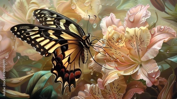 Obraz An exquisite painting of a delicate butterfly resting on a blooming flower, intricately rendered on the surface of glass. 
