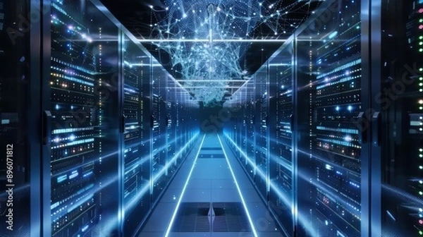 Obraz Shot of Corridor in Working Data Center Full of Rack Servers and Supercomputers with Internet connection Visualization Projection, technology, digital, futuristic, future,