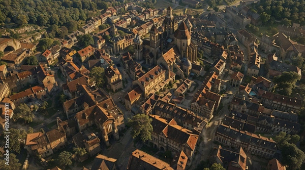 Fototapeta aerial view of a small european town or village with houses with roofs and a church surrounded by nature. medieval village from above at sunset.