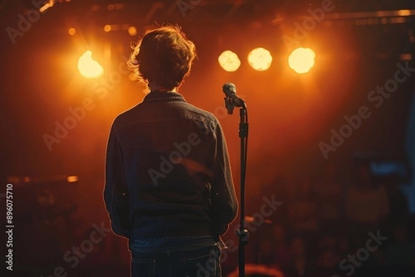 Fototapeta Musician is preparing to perform on stage under the warm lights
