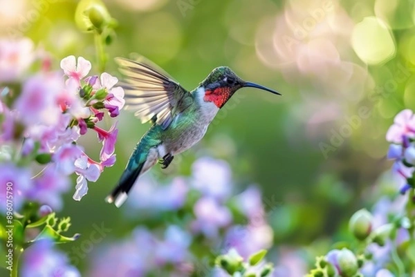 Fototapeta Ruby throated hummingbird hovering and feeding from pink flowers