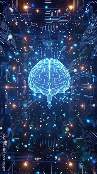 Fototapeta Digital brain with circuits and glowing particles in blue.