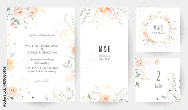 Obraz Herbs, branches and rose flowers vector frames. Hand painted branches, leaves on white background. Greenery wedding simple minimalist invitations. Watercolor cards. Elements are isolated and editable