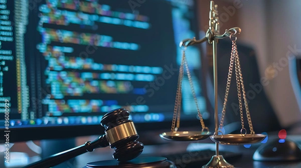 Obraz Close-Up of Gavel and Scales with Coding Background. Generative AI Illustration.
