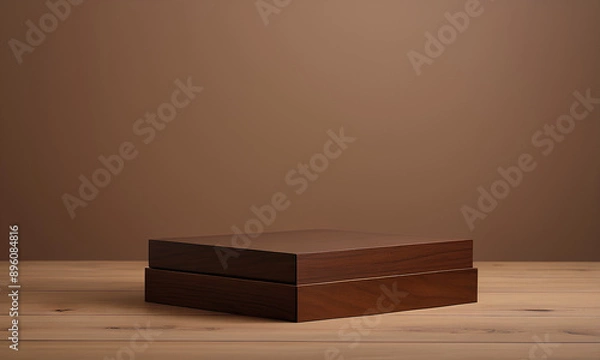 Fototapeta Polished Wooden Podium with Dark Finish Against Warm Taupe Backdrop
