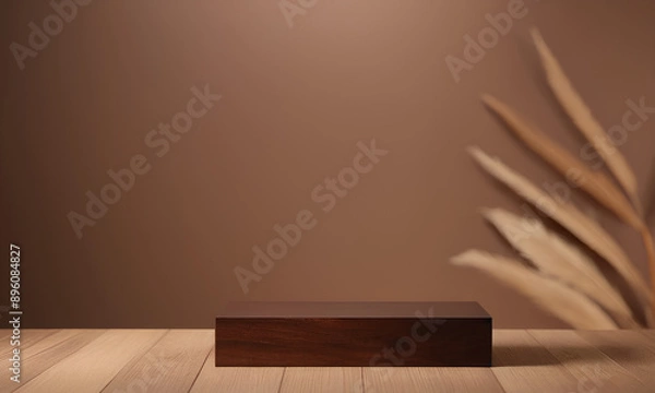 Fototapeta Elegant Dark Wooden Podium Centered in Front of Subtle Taupe Patterned Background
