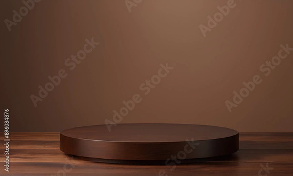 Fototapeta Beauty Product Display: Polished Dark Wood Podium Against Taupe Patterned Background





