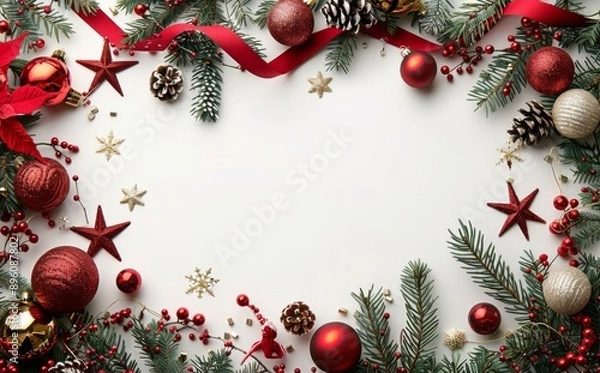 Fototapeta Christmas background with red and gold decorations, pine branches, and festive ornaments